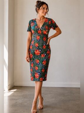 Zara Trafaluc Floral Bodycon Dress Gray Red Green Faux Wrap Midi Size S/M